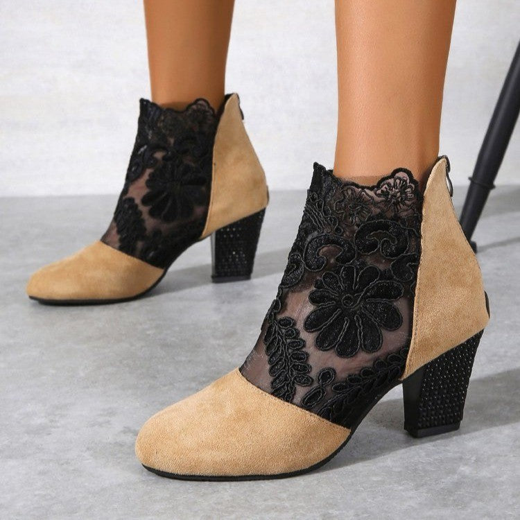 Fashion Lace Round Toe Women's Thick Heel Shoes