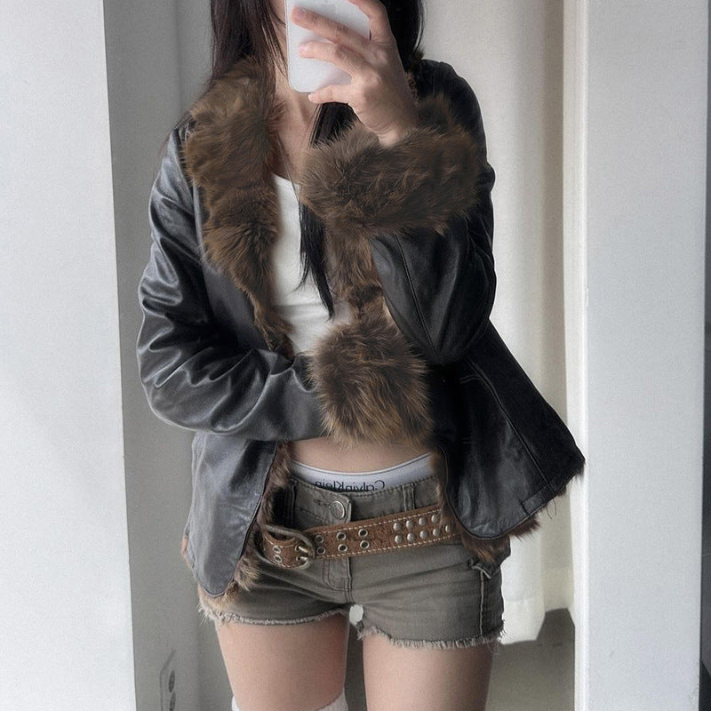 American Street Loose Fur Collar Leather Coat (Copy)