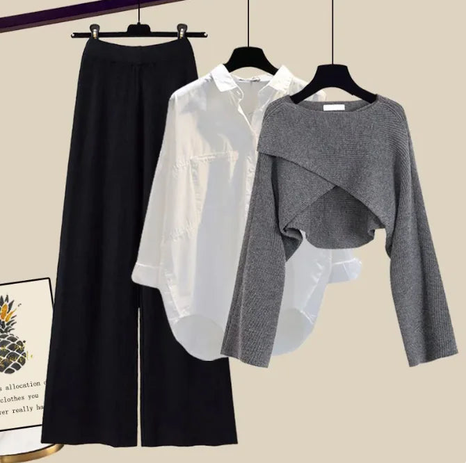 3pcs Knitted Sweater & Wide-Leg Pants Set
