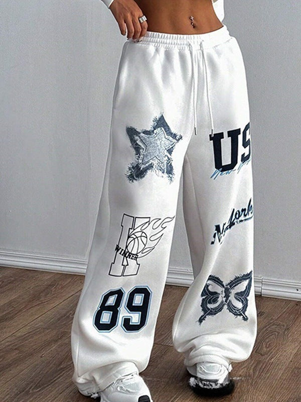 Women's Printed Drawstring Straight Sports Casual Pants