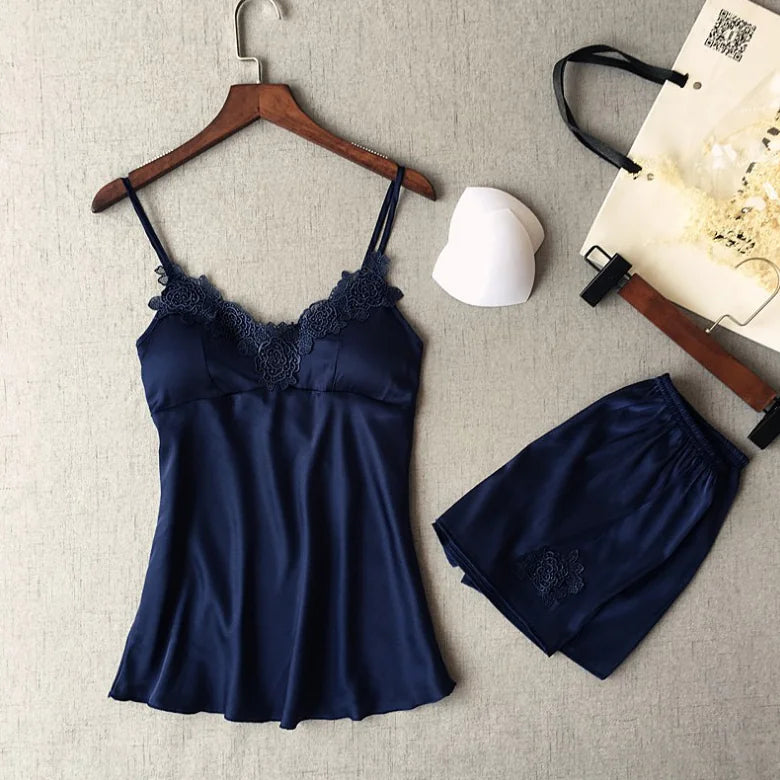 Deep V Silk Pajama Set with Shorts (Two-Piece)