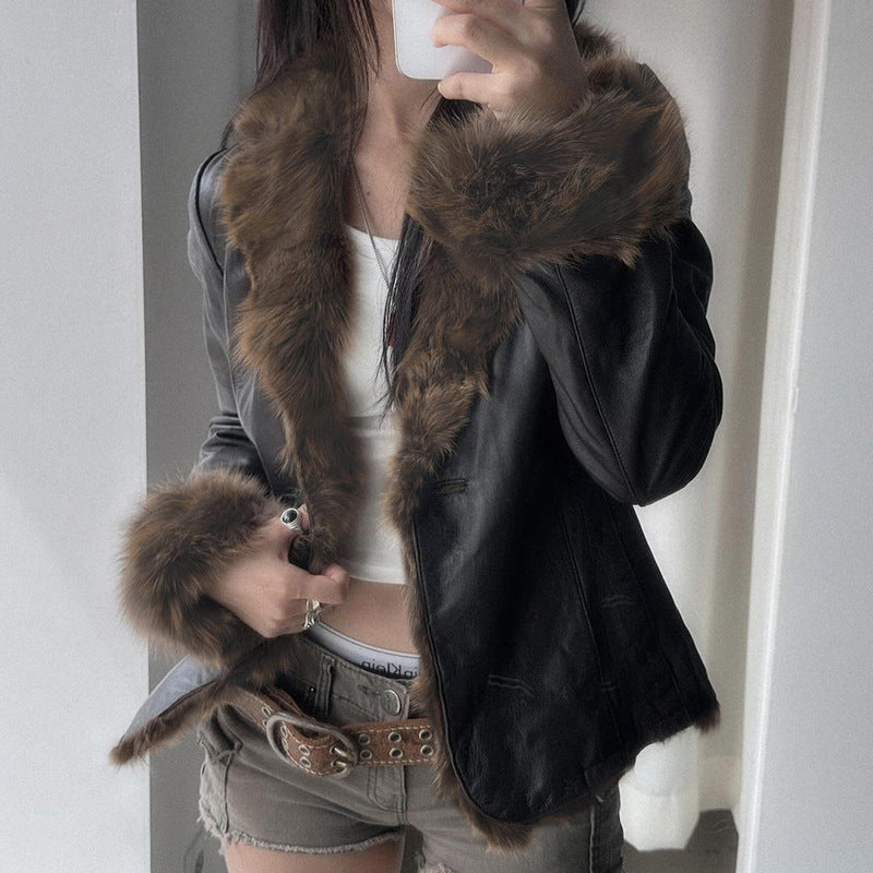 American Street Loose Fur Collar Leather Coat (Copy)