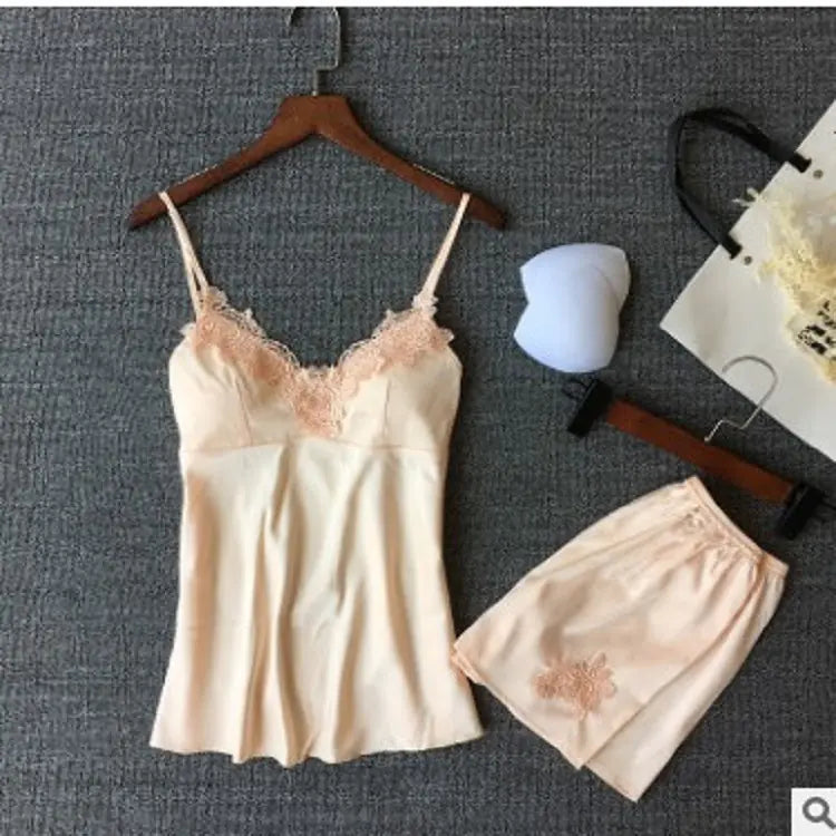 Deep V Silk Pajama Set with Shorts (Two-Piece)