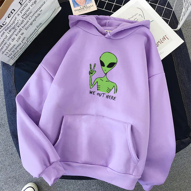 Alien WE OUT HERE Print Oversized Hoodie for Women