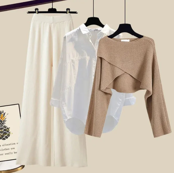 3pcs Knitted Sweater & Wide-Leg Pants Set
