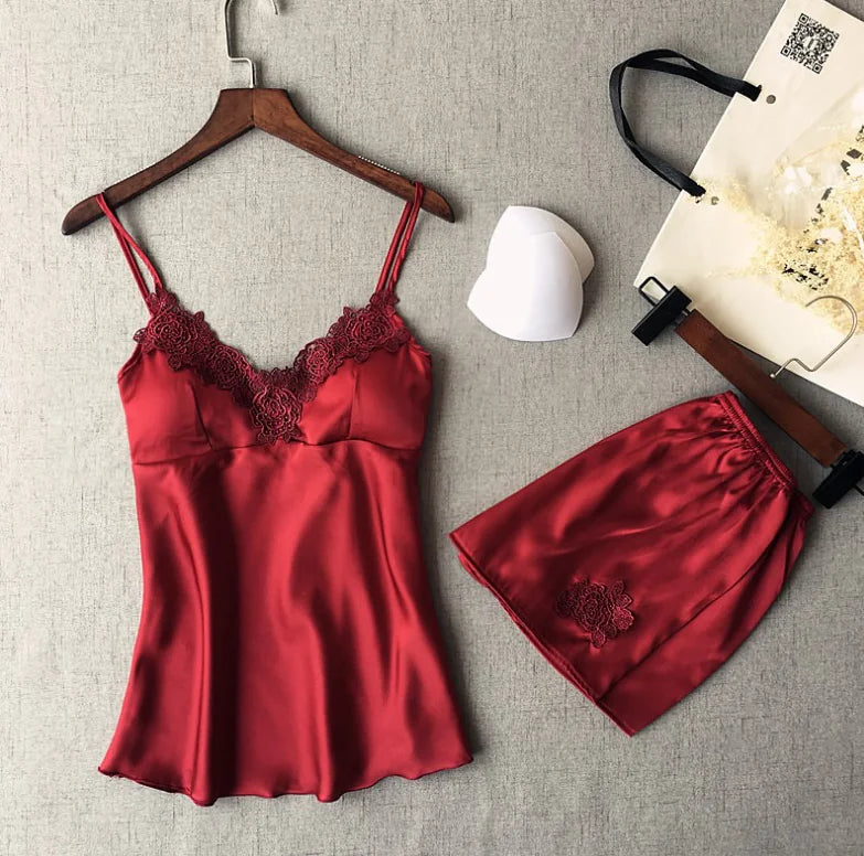 Deep V Silk Pajama Set with Shorts (Two-Piece)