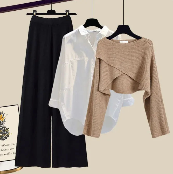 3pcs Knitted Sweater & Wide-Leg Pants Set