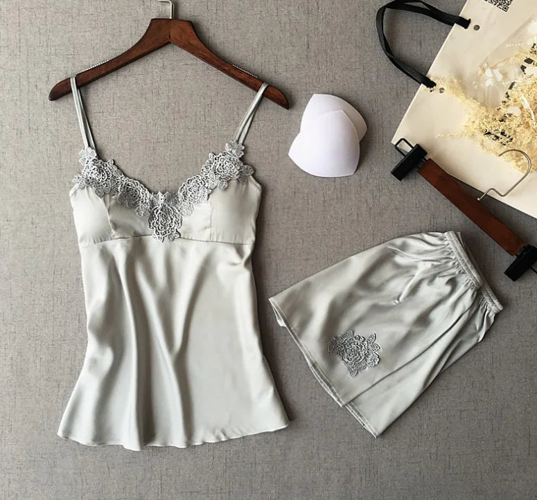 Deep V Silk Pajama Set with Shorts (Two-Piece)