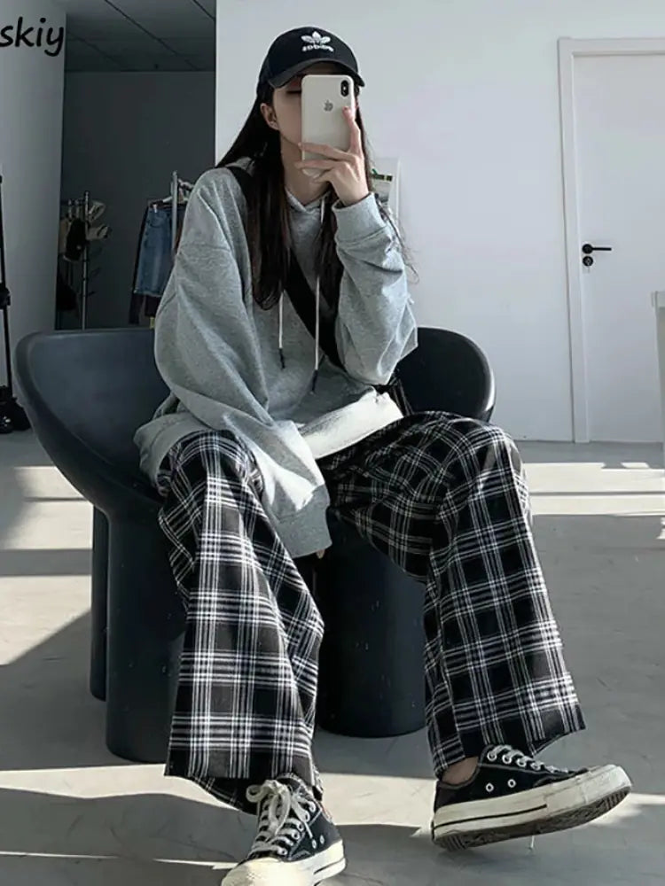 Fashion Black Plaid Retro Wide Leg Pants for Women