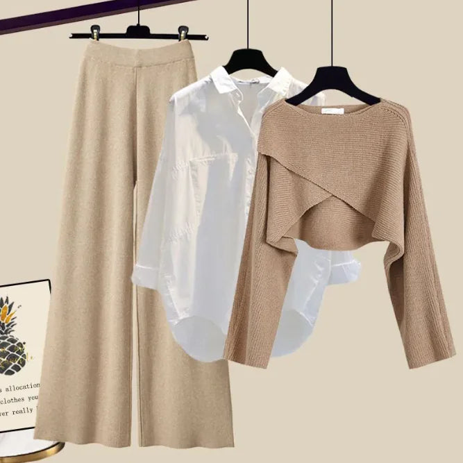 3pcs Knitted Sweater & Wide-Leg Pants Set