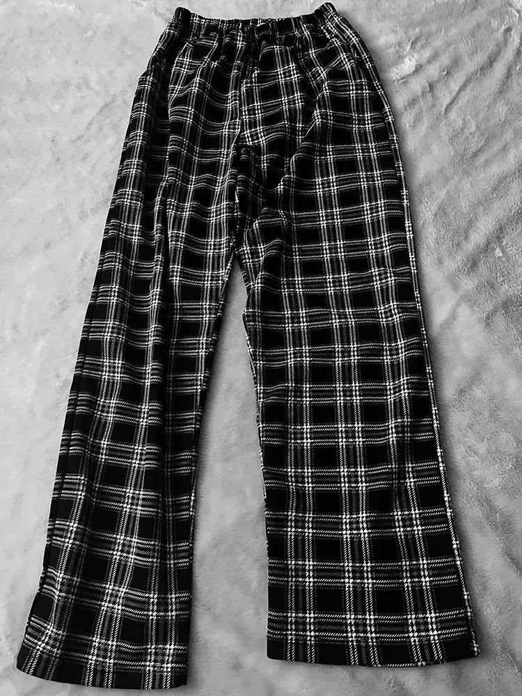 Fashion Black Plaid Retro Wide Leg Pants for Women