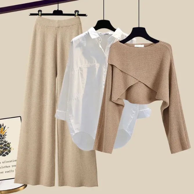 3pcs Knitted Sweater & Wide-Leg Pants Set