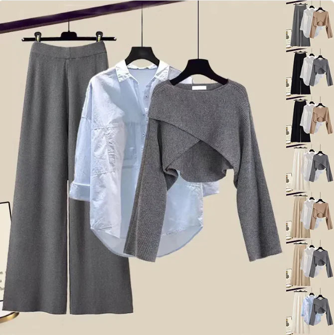 3pcs Knitted Sweater & Wide-Leg Pants Set
