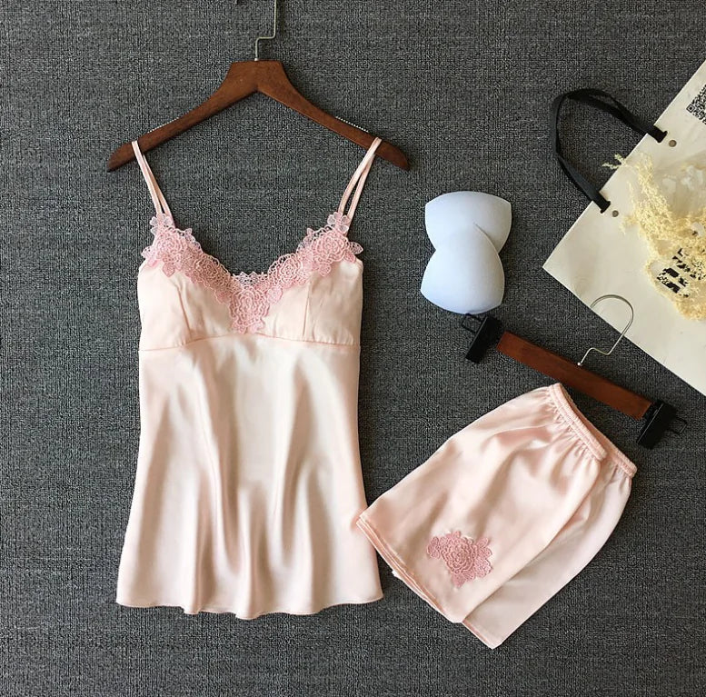 Deep V Silk Pajama Set with Shorts (Two-Piece)