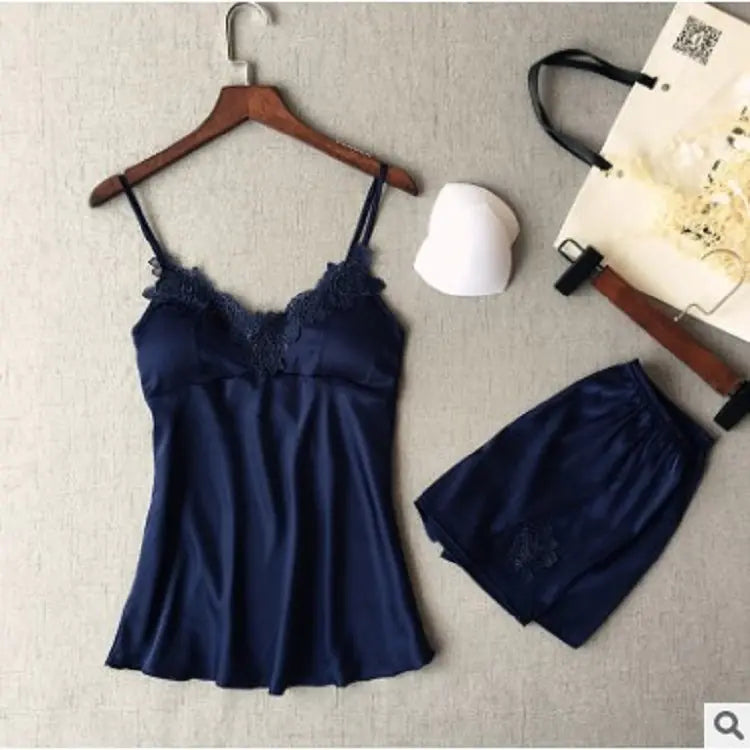 Deep V Silk Pajama Set with Shorts (Two-Piece)