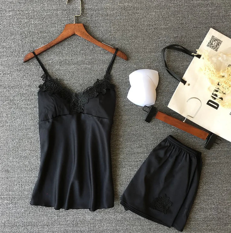 Deep V Silk Pajama Set with Shorts (Two-Piece)