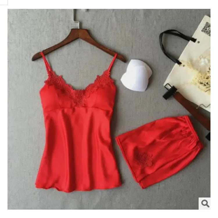 Deep V Silk Pajama Set with Shorts (Two-Piece)