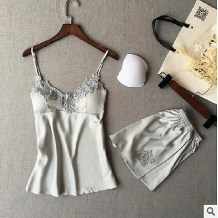 Deep V Silk Pajama Set with Shorts (Two-Piece)