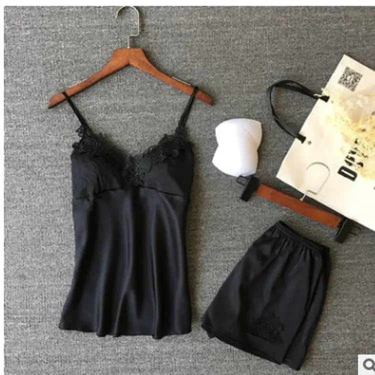 Deep V Silk Pajama Set with Shorts (Two-Piece)