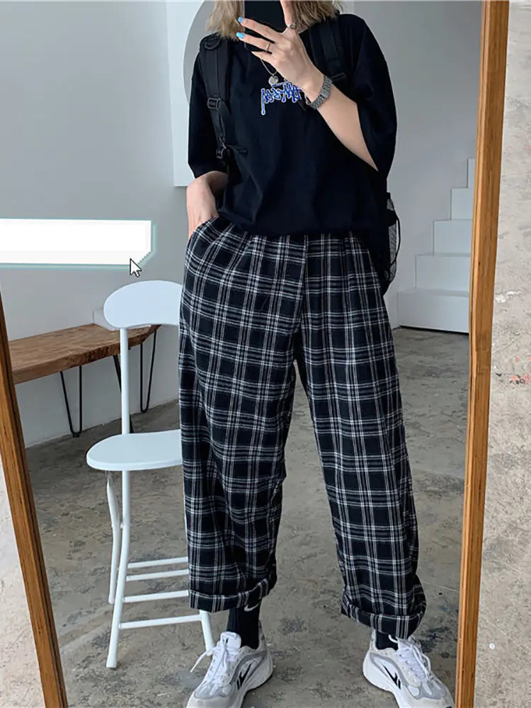 Fashion Black Plaid Retro Wide Leg Pants for Women